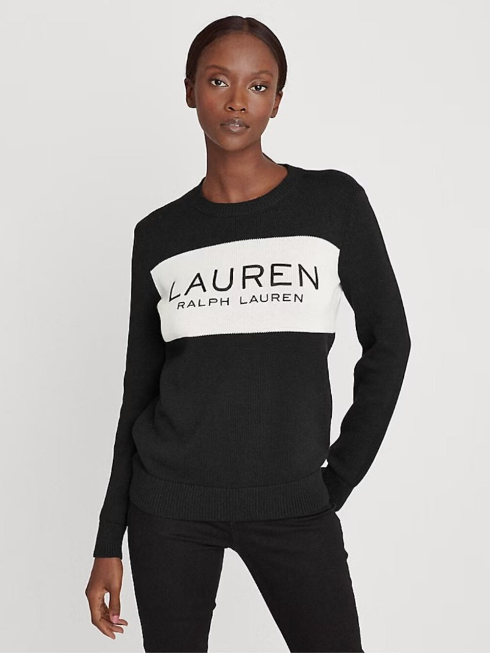 Lauren Ralph Lauren Black and Cream Colorblock Logo Crewneck Sweater
